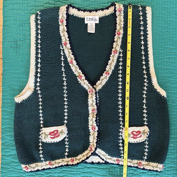 Vintage Erika Floral Embroidered Vest Women L Green Roses Cotton Cottagecore 90s - Picture 6 of 16